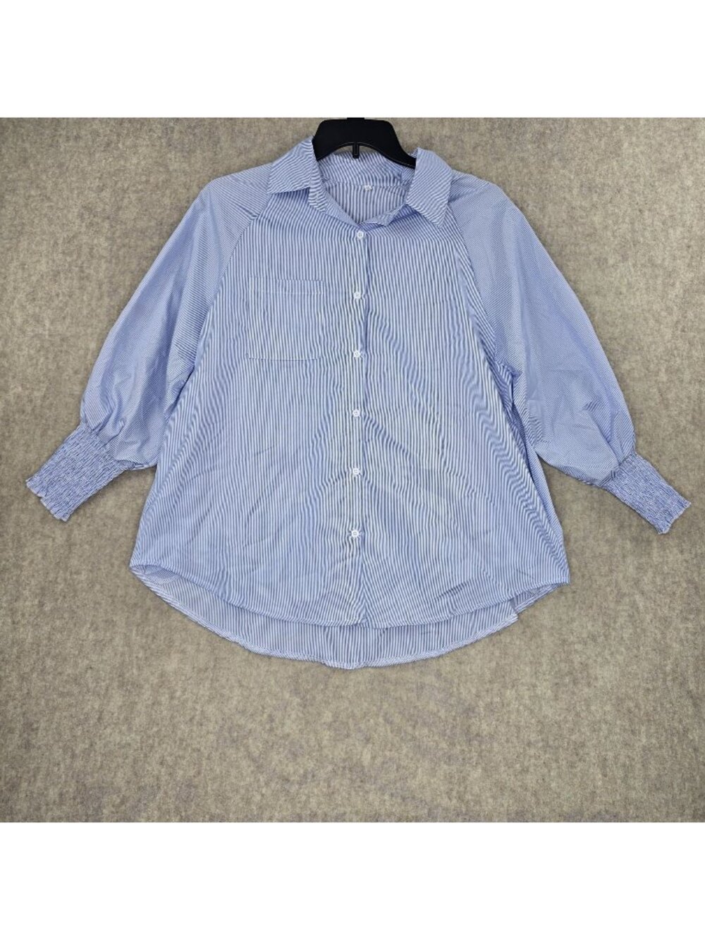 Womens Cotton Pinstripe Blouse XL Blue Button-Down Puff Sleeves Smocked Cuffs